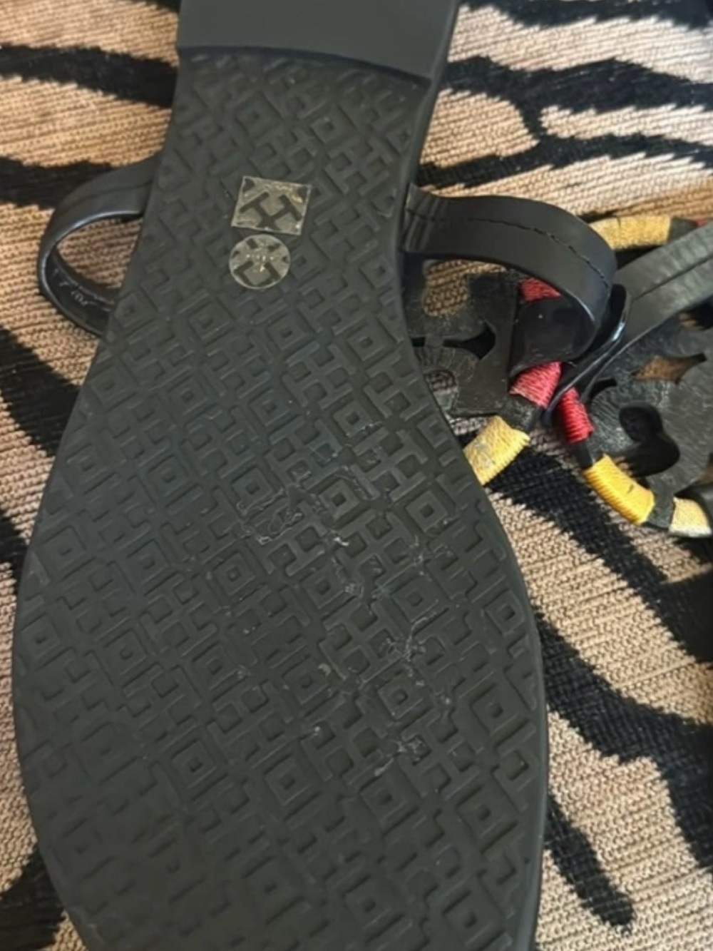 Tory Burch Miller Black Leather Logo Thong Sandals with Red, Green Yellow Accent - Picture 3 of 3